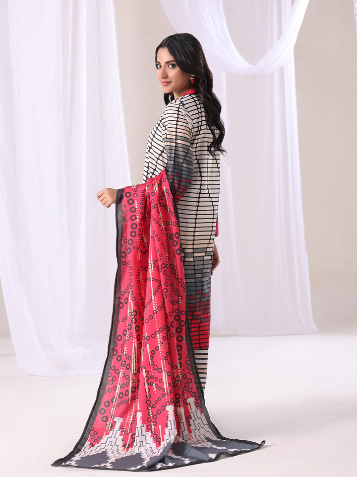 Oaks - Lawn Printed Unstitch Suit For Women - Red - 3 Piece