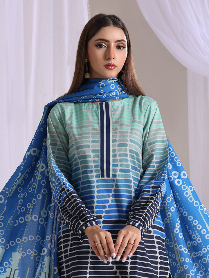 Oaks - Lawn Printed Unstitch Suit For Women - Blue - 3 Piece