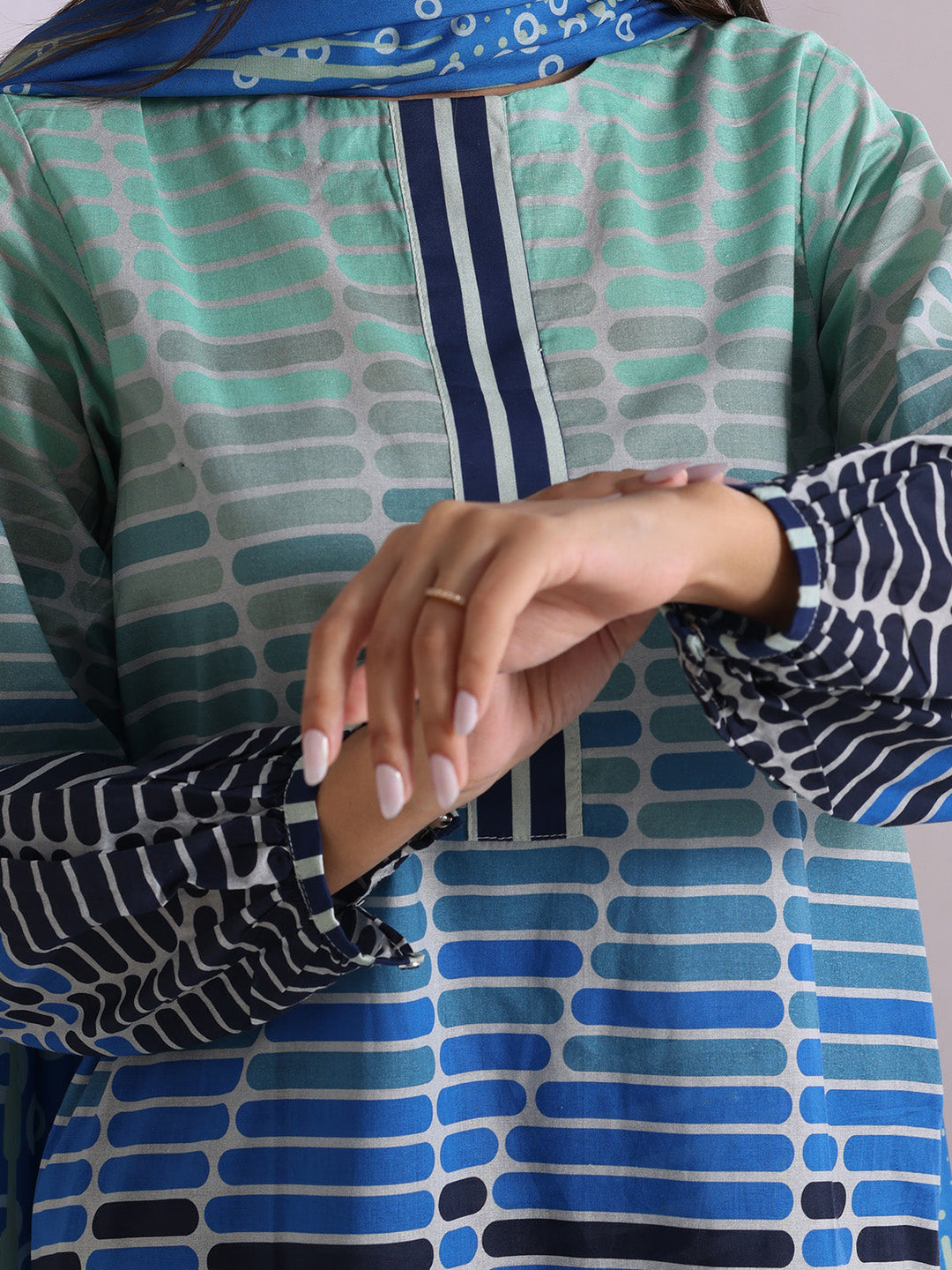 Oaks - Lawn Printed Unstitch Suit For Women - Blue - 3 Piece