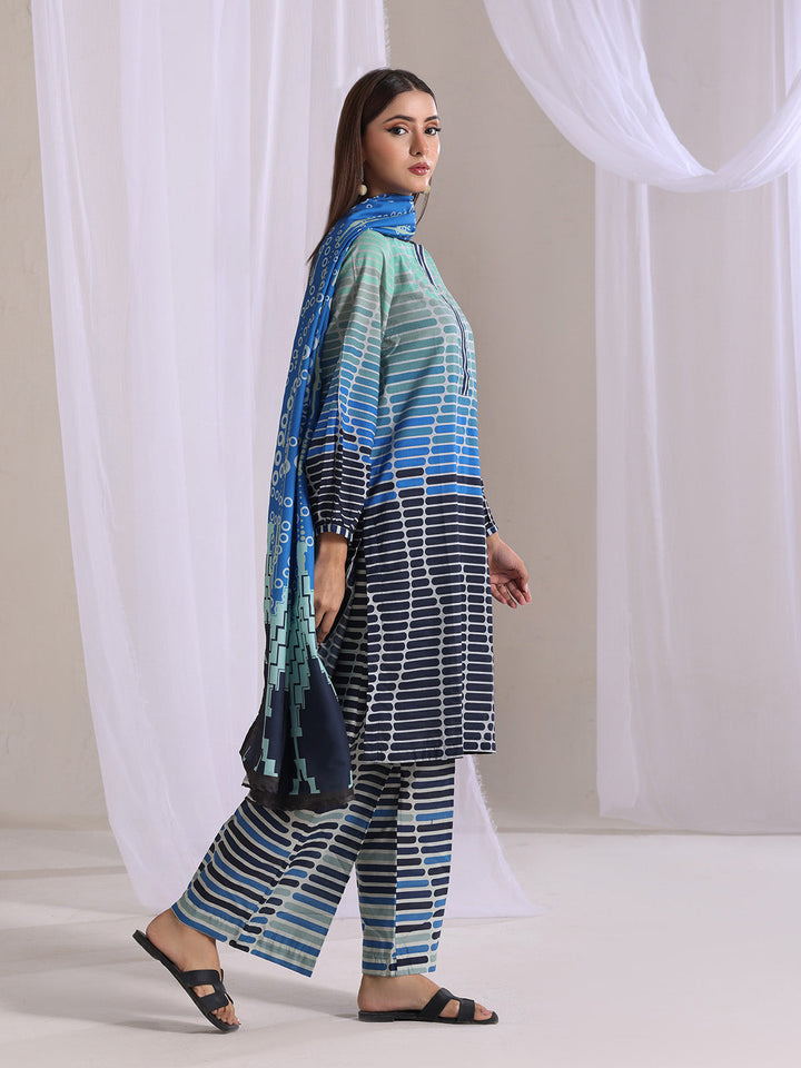 Oaks - Lawn Printed Unstitch Suit For Women - Blue - 3 Piece