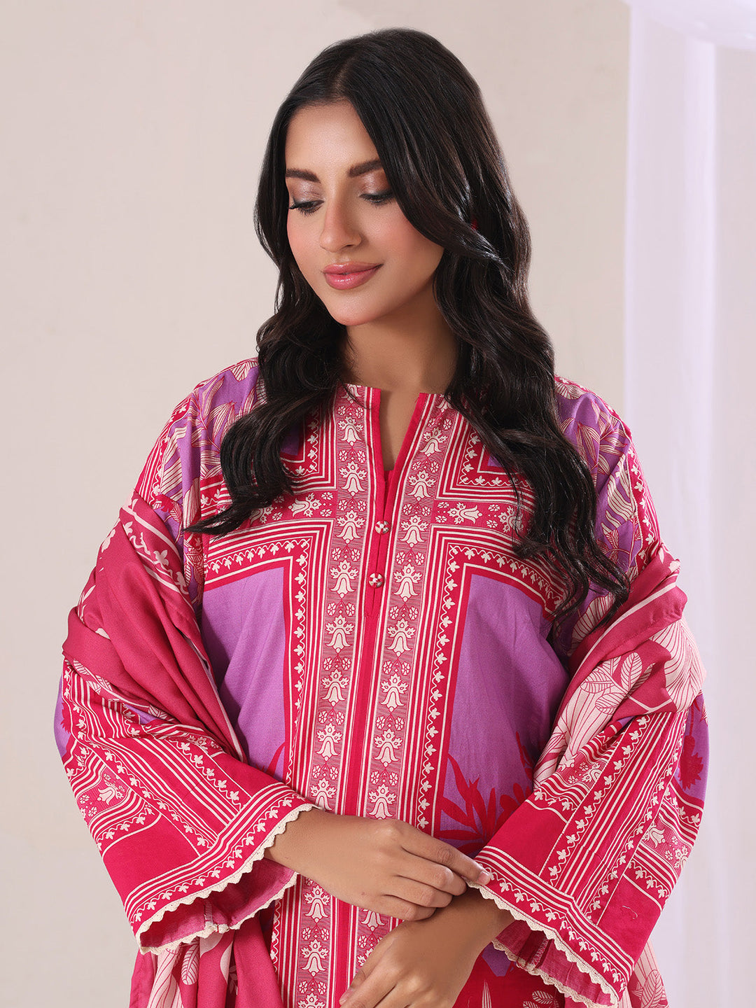 Oaks - Lawn Printed Unstitch Suit For Women - Red - 3 Piece