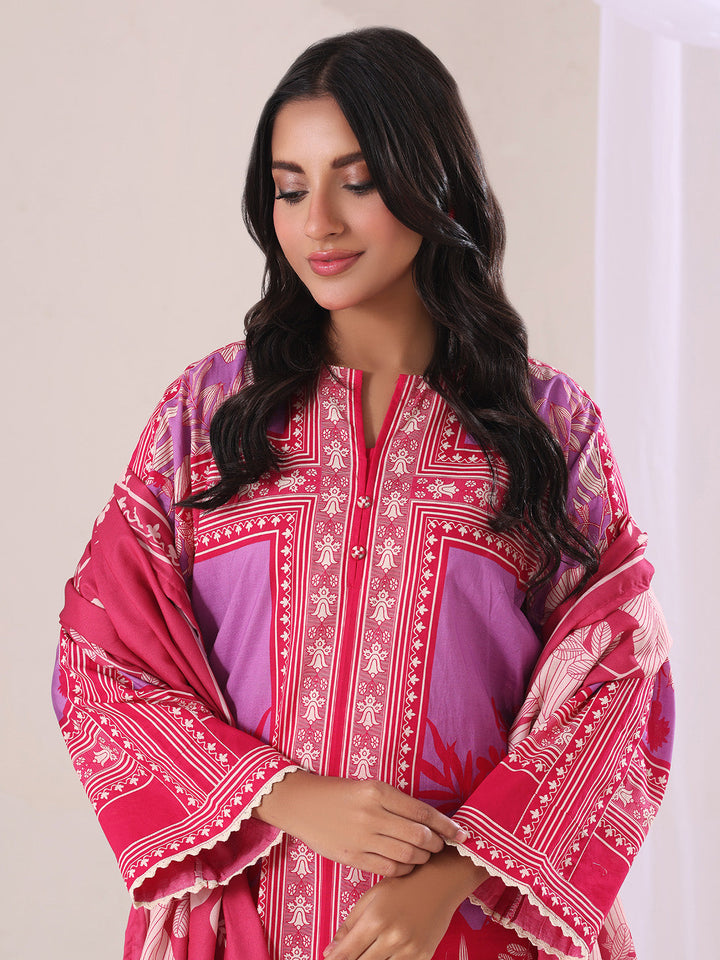 Oaks - Lawn Printed Unstitch Suit For Women - Red - 3 Piece