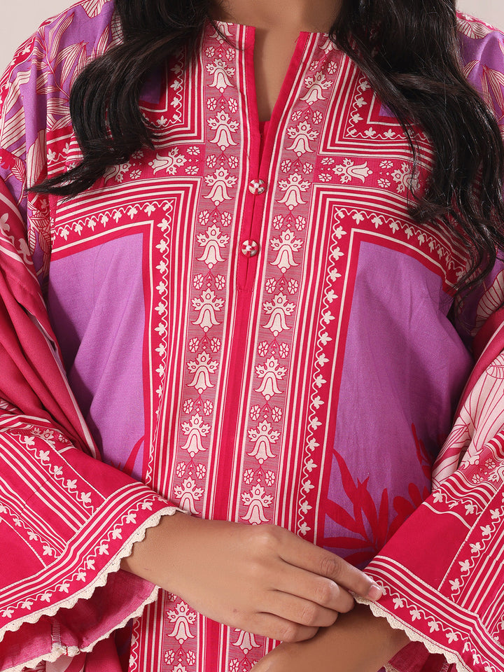 Oaks - Lawn Printed Unstitch Suit For Women - Red - 3 Piece