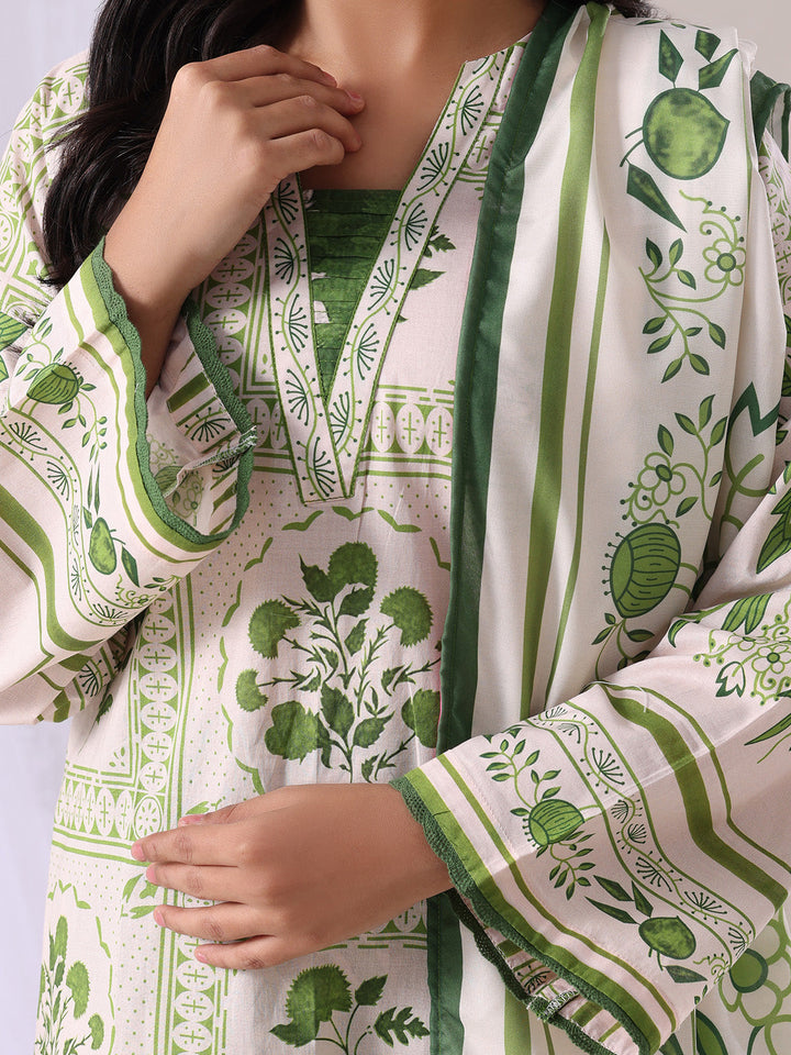 Oaks - Lawn Printed Unstitch Suit For Women - Green - 3 Piece