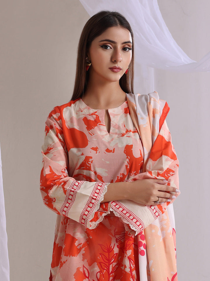 Oaks - Lawn Printed Unstitch Suit For Women - Orange - 3 Piece