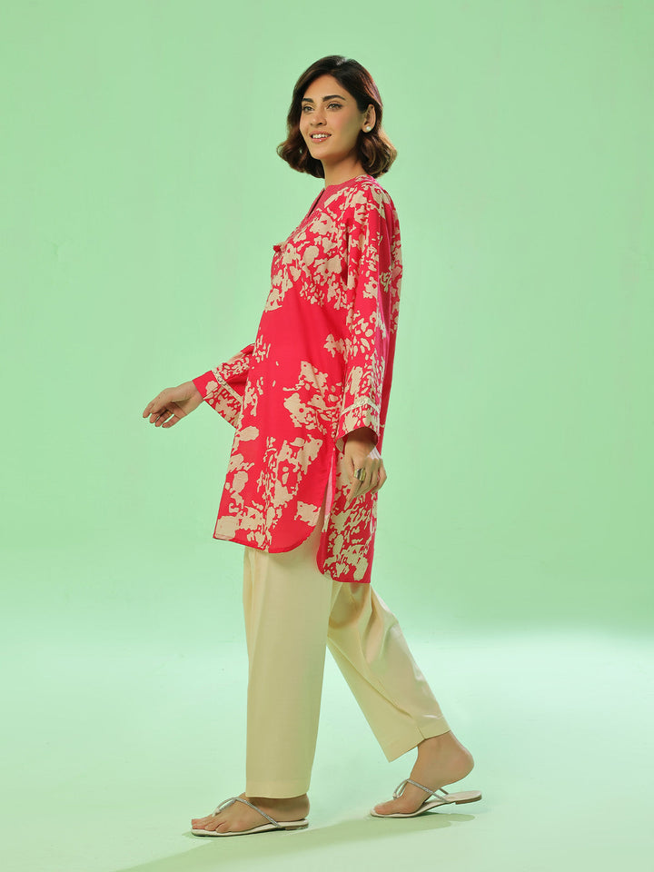 Oaks - Lawn Printed Unstitch Suit For Women - Red - 1 Piece