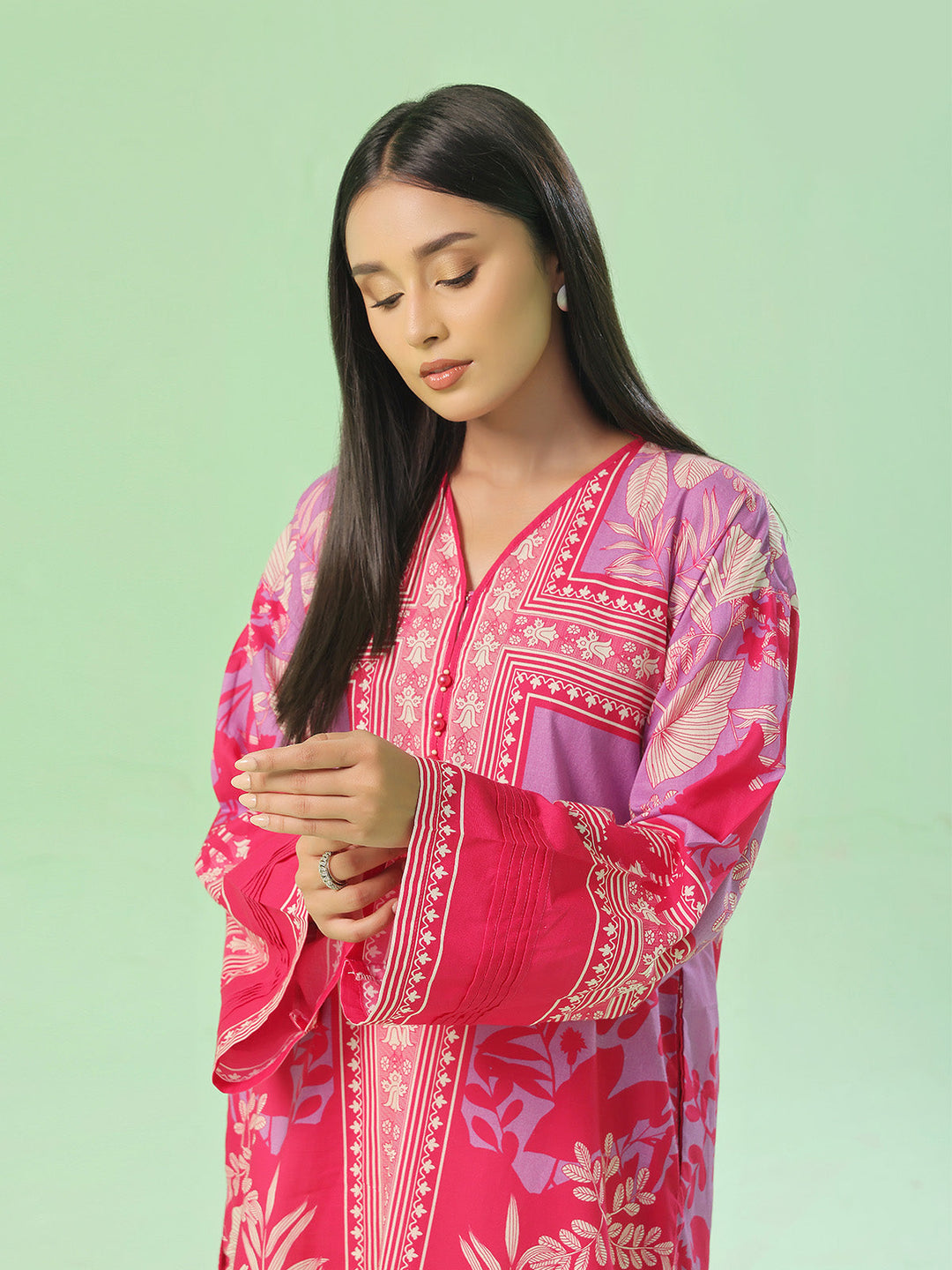 Oaks - Lawn Printed Unstitch Suit For Women - Red - 1 Piece