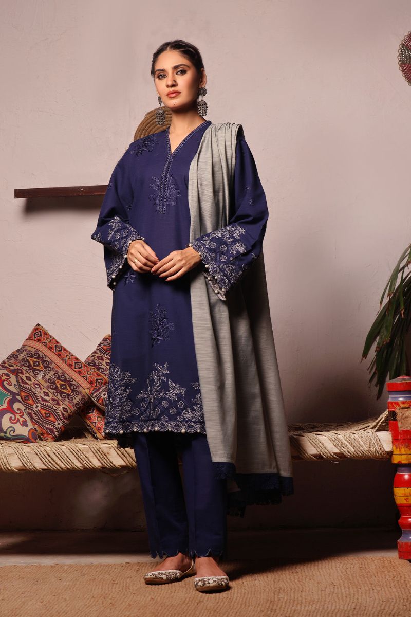 Oaks - 3 Piece Embroidered Unstitched Khaddar Navy Blue - OWEKH3P-6262-A