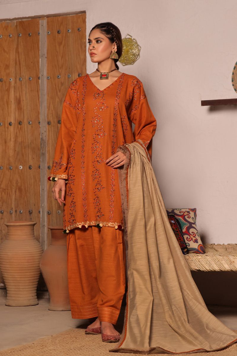 Oaks - 3 Piece Embroidered Unstitched Khaddar Mustard - OWEKH3P-6275-A