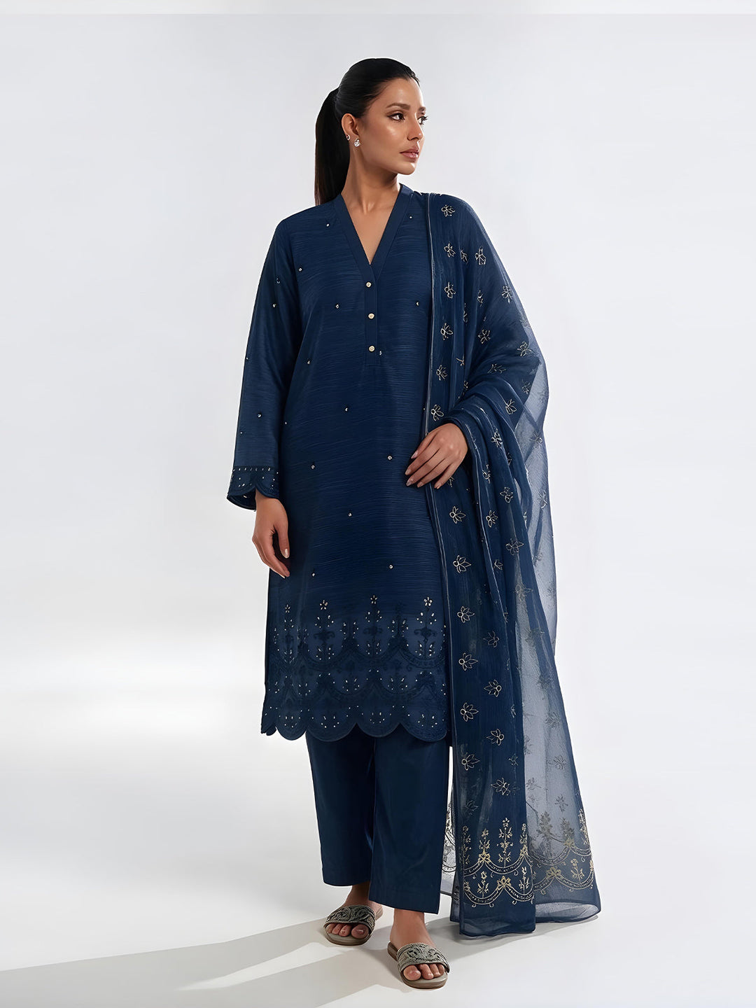 Oaks Embroidered Organza Suit Navy Blue 3 Piece