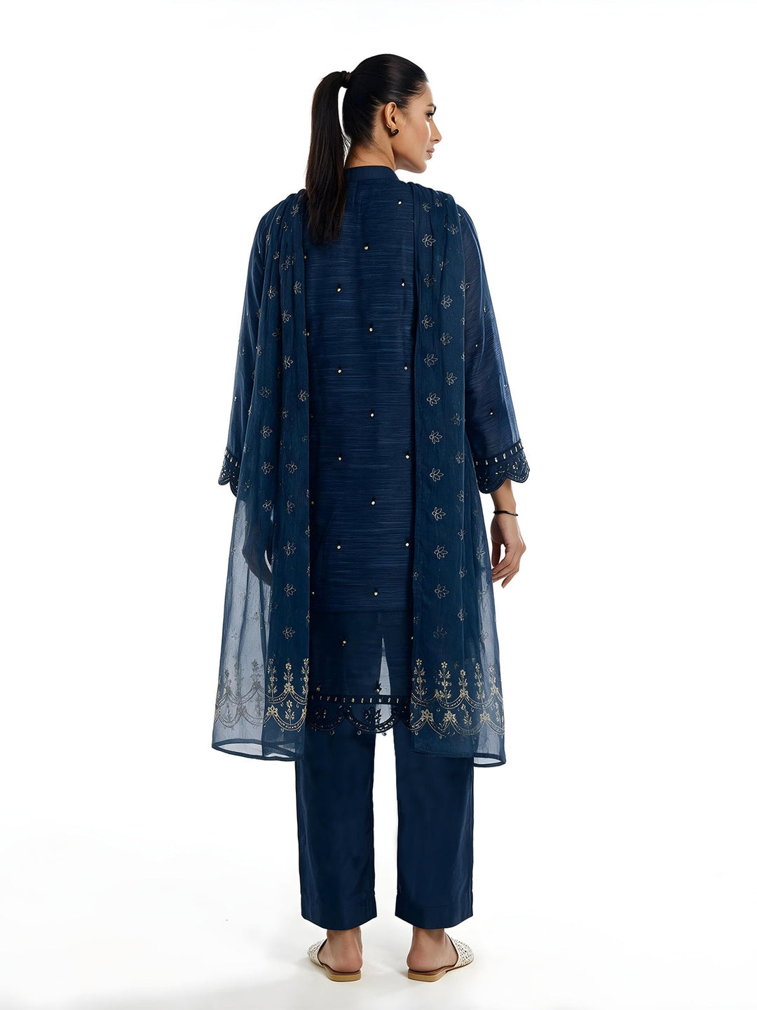 Oaks Embroidered Organza Suit Navy Blue 3 Piece