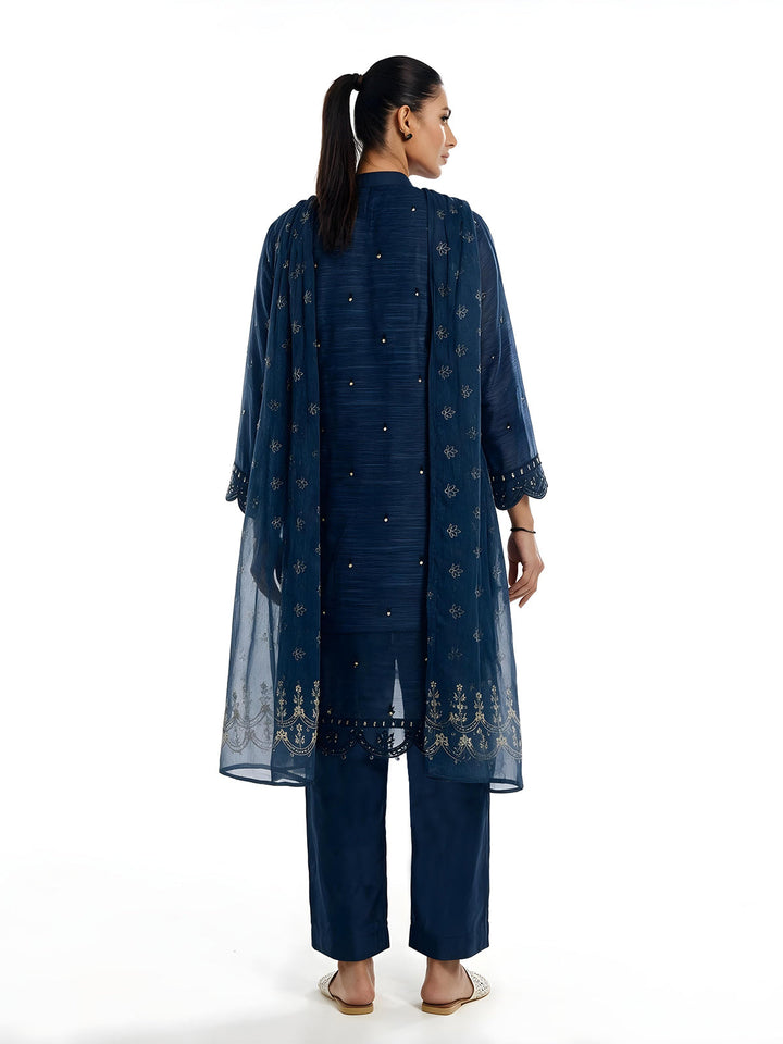 Oaks Embroidered Organza Suit Navy Blue 3 Piece