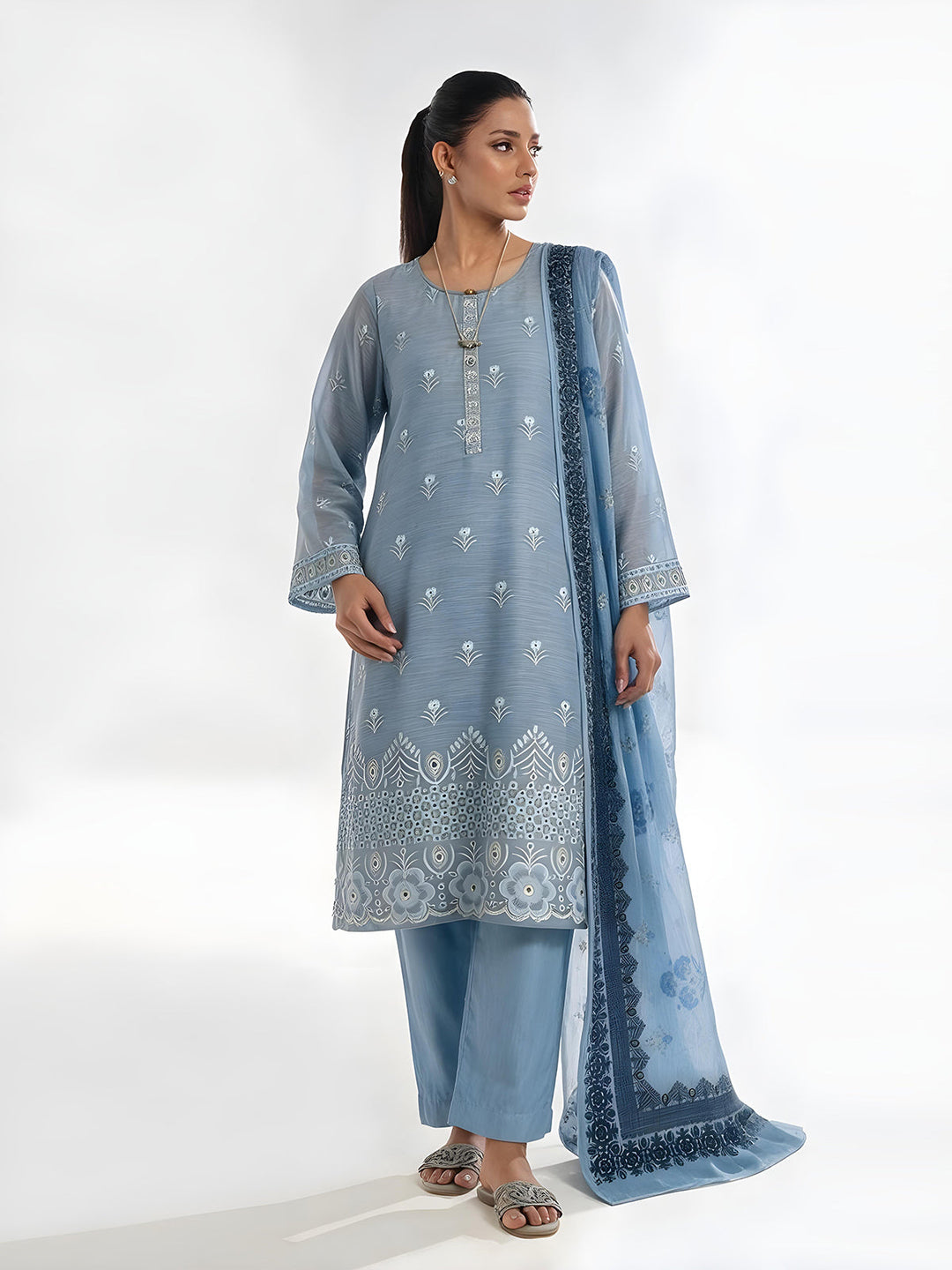 Oaks Embroidered Organza Suit Sky Blue 3 Piece