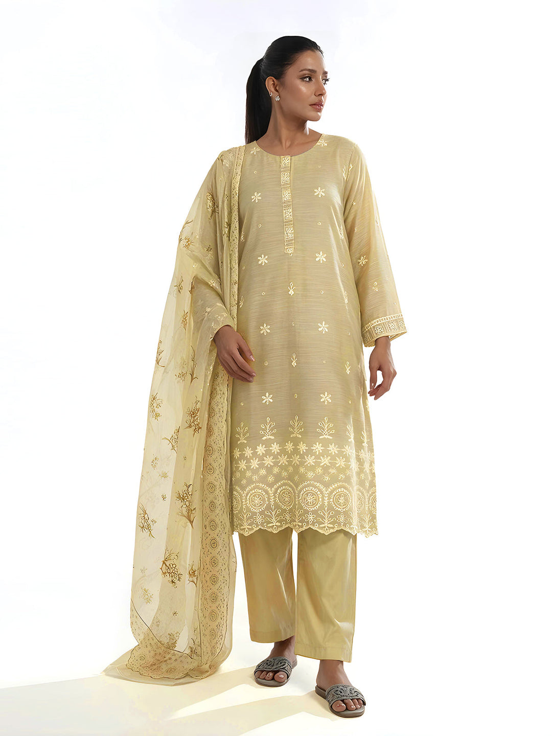 Oaks Embroidered Organza Net Slub Suit Beige / Nude 3 Piece