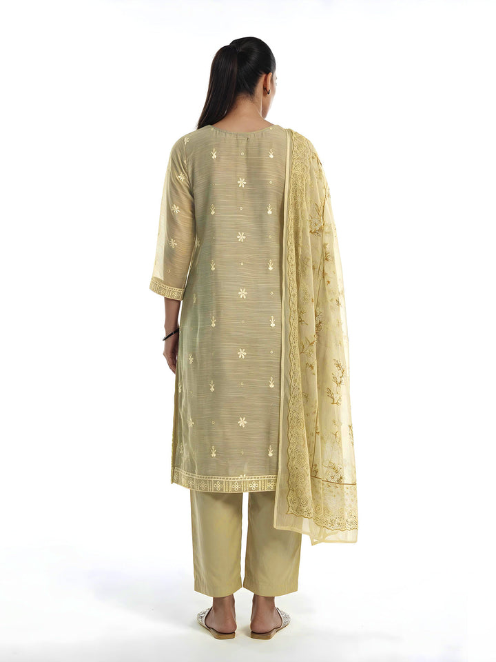Oaks Embroidered Organza Net Slub Suit Beige / Nude 3 Piece