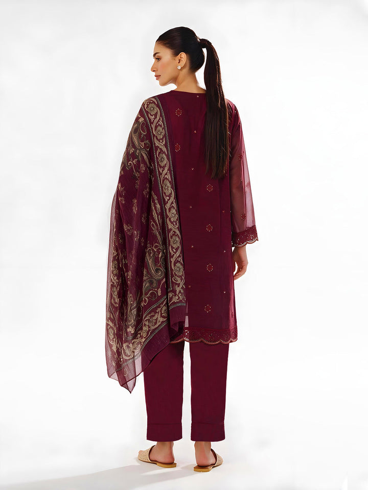 Oaks Embroidered Organza Net Slub Suit Maroon 3 Piece
