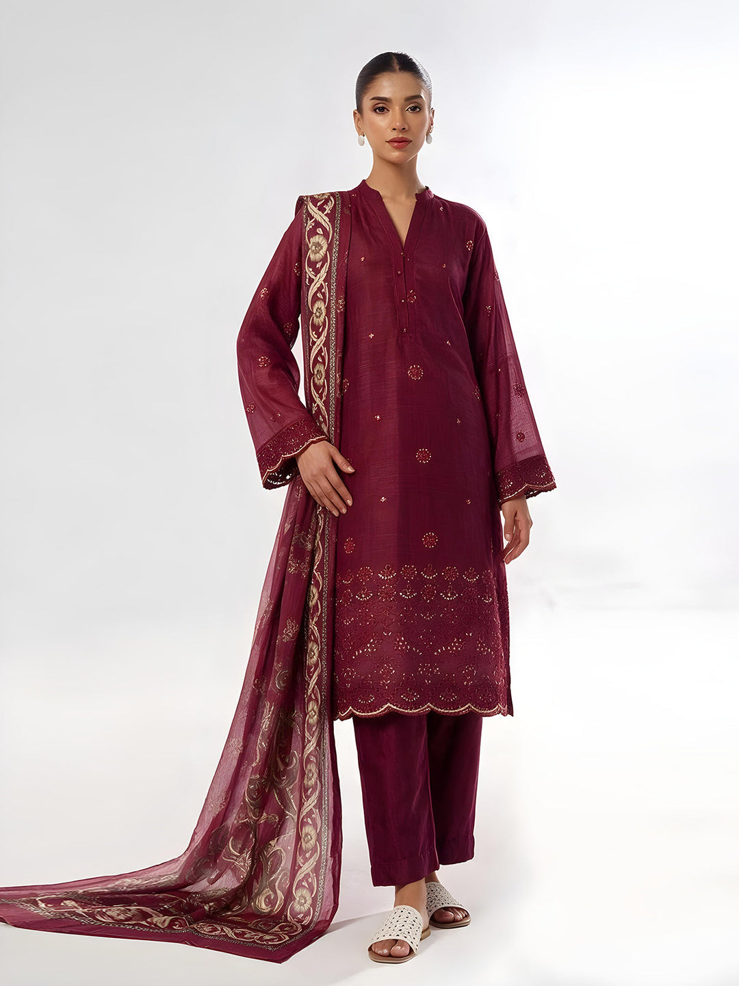 Oaks Embroidered Organza Net Slub Suit Maroon 3 Piece