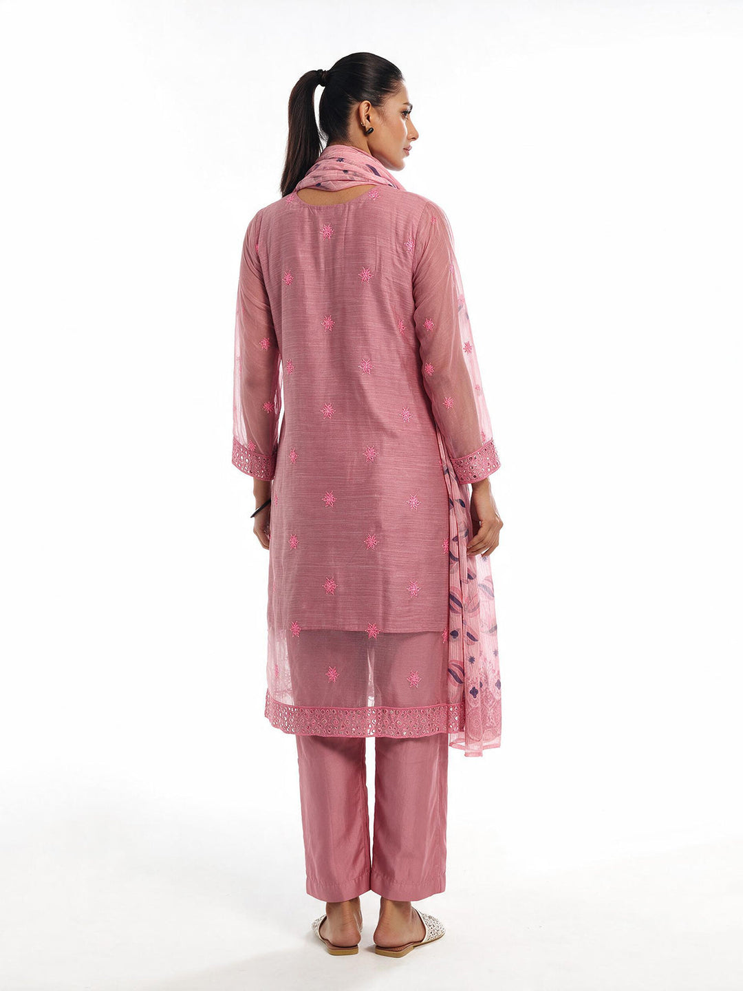 Oaks Embroidered Organza Net Slub Suit Pink 3 Piece