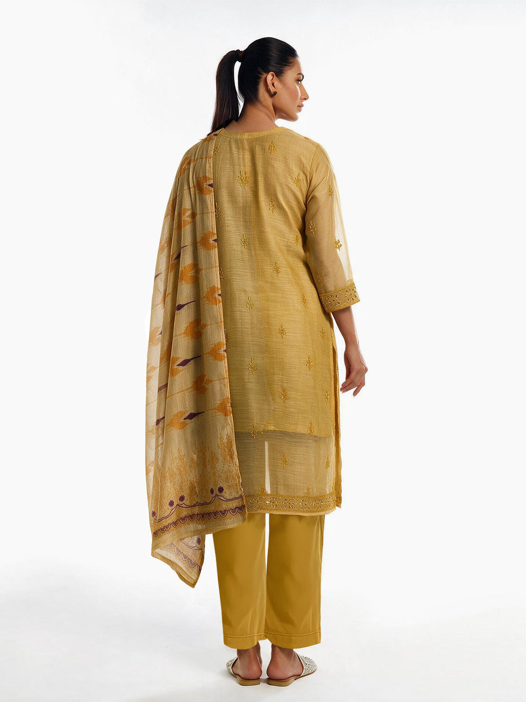Oaks Embroidered Organza Net Slub Suit Yellow 3 Piece