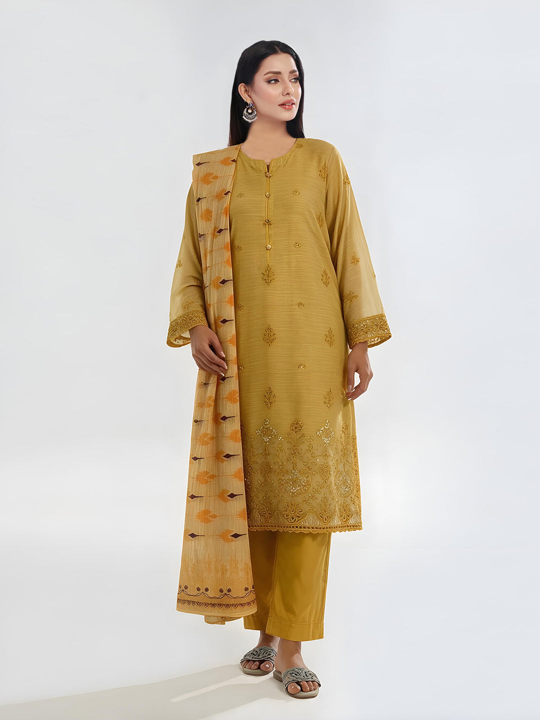 Oaks Embroidered Organza Net Slub Suit Yellow 3 Piece