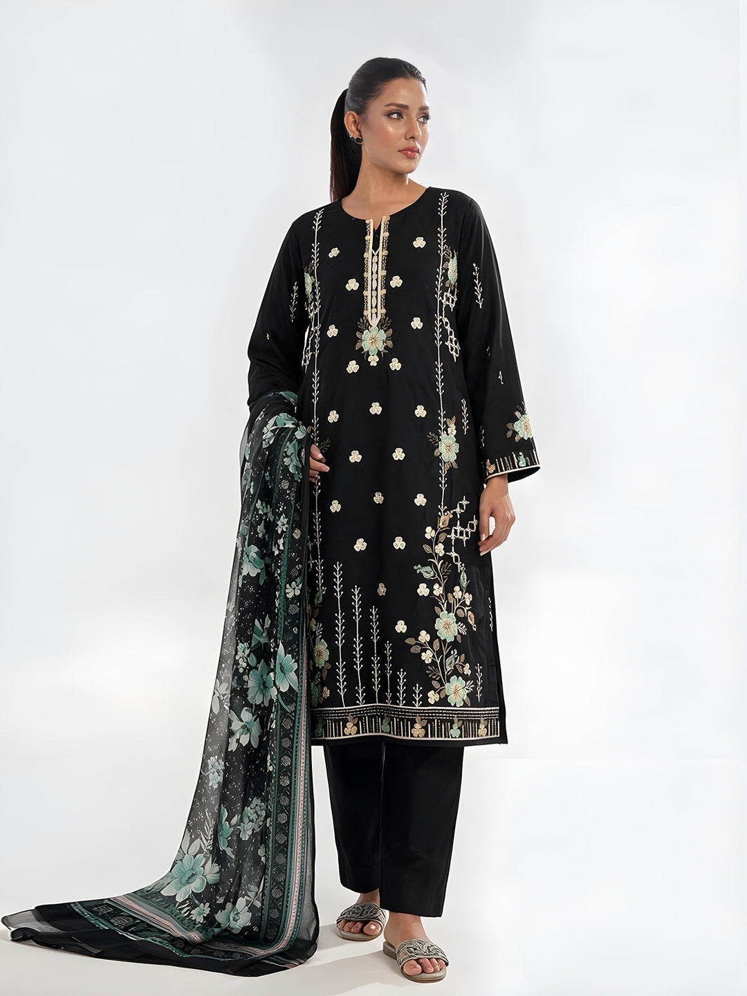 Oaks Embroidered Cotton Silk Suit Black 3 Piece
