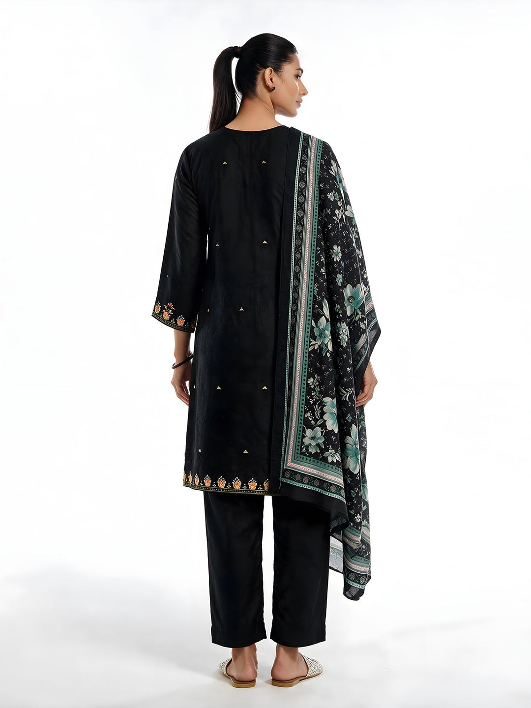 Oaks Embroidered Cotton Silk Suit Black 3 Piece