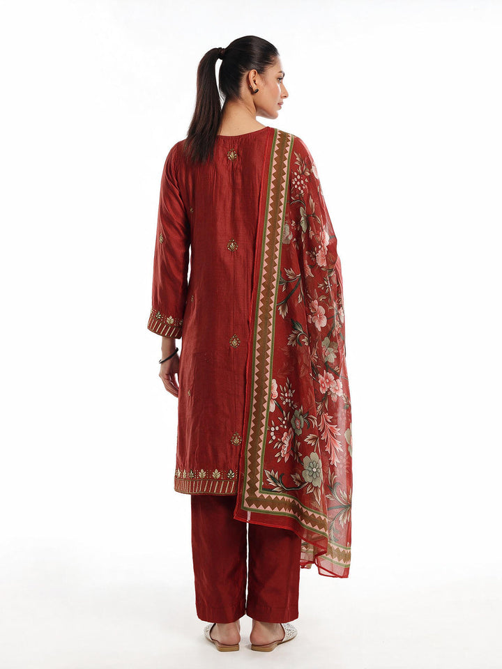 Oaks Embroidered Cotton Silk Suit Rust 3 Piece