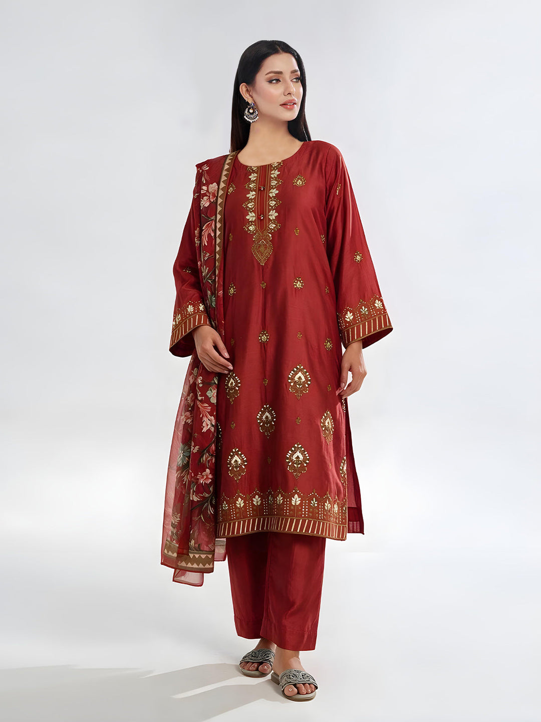 Oaks Embroidered Cotton Silk Suit Rust 3 Piece