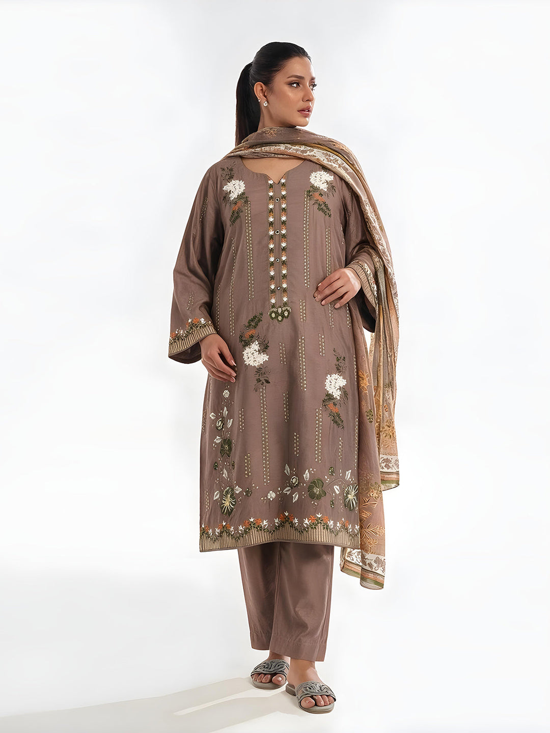 Oaks Embroidered Cotton Silk Suit Light Brown 3 Piece
