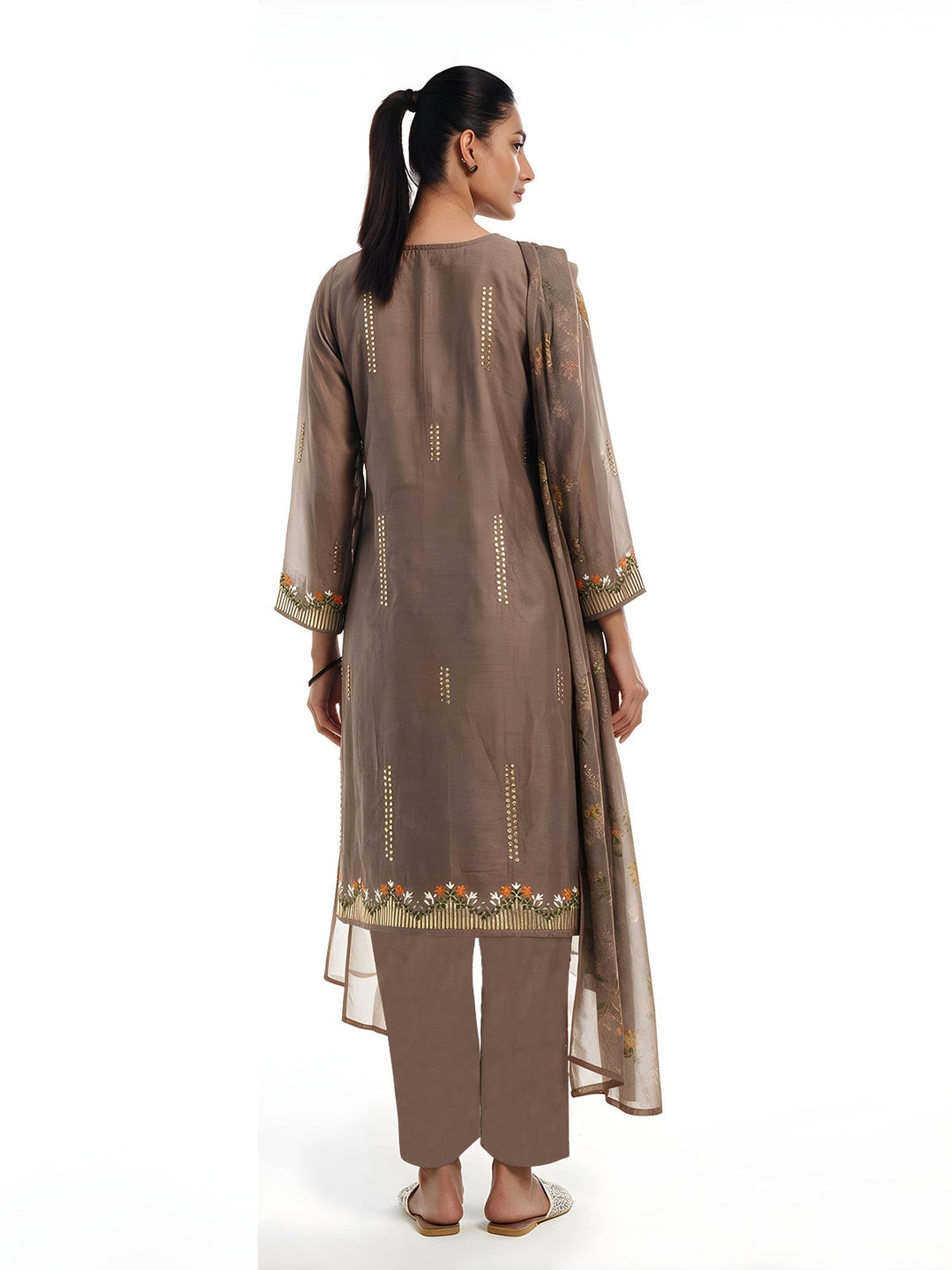 Oaks Embroidered Cotton Silk Suit Light Brown 3 Piece