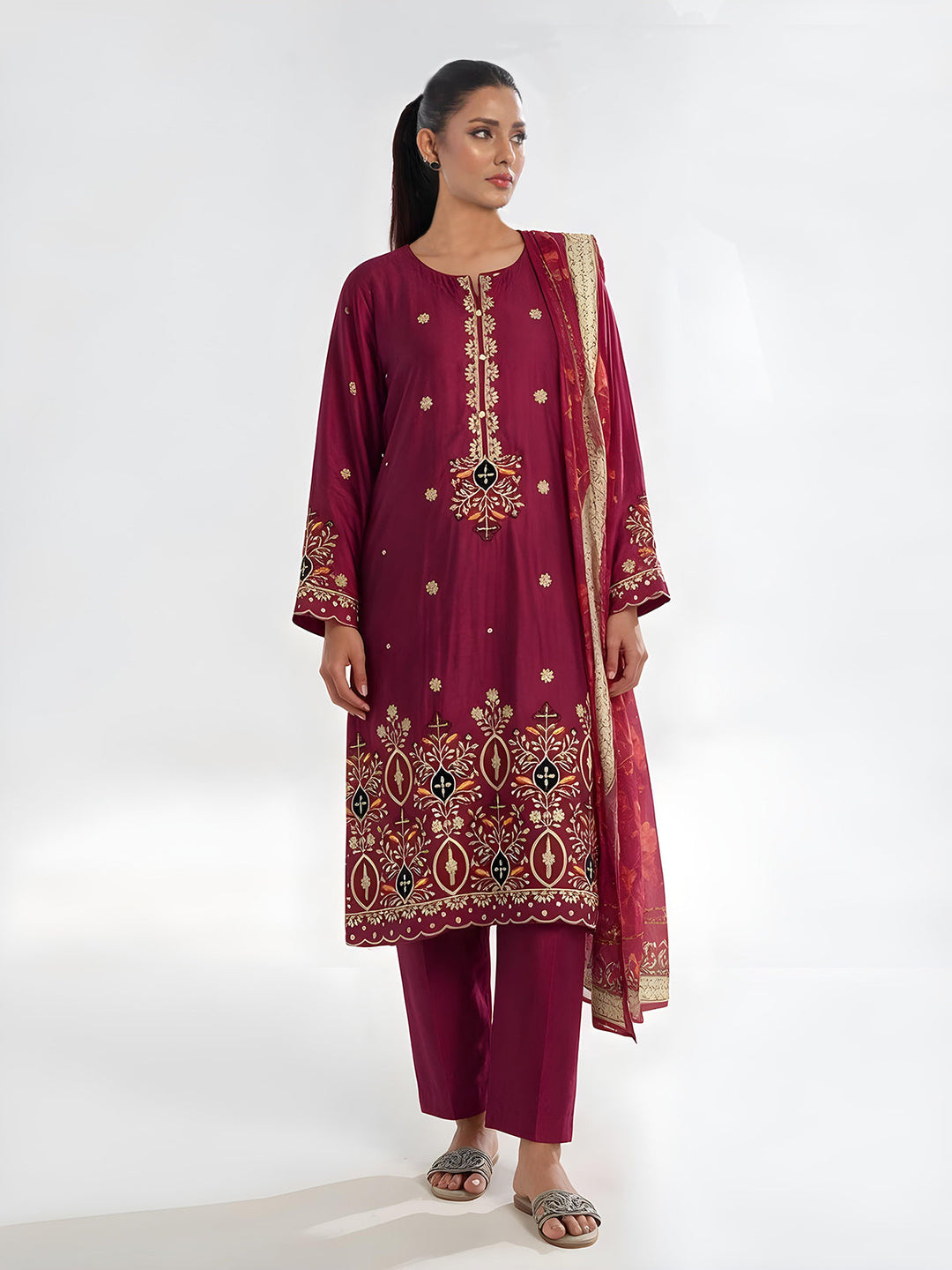 Oaks Embroidered Cotton Silk Suit Maroon 3 Piece