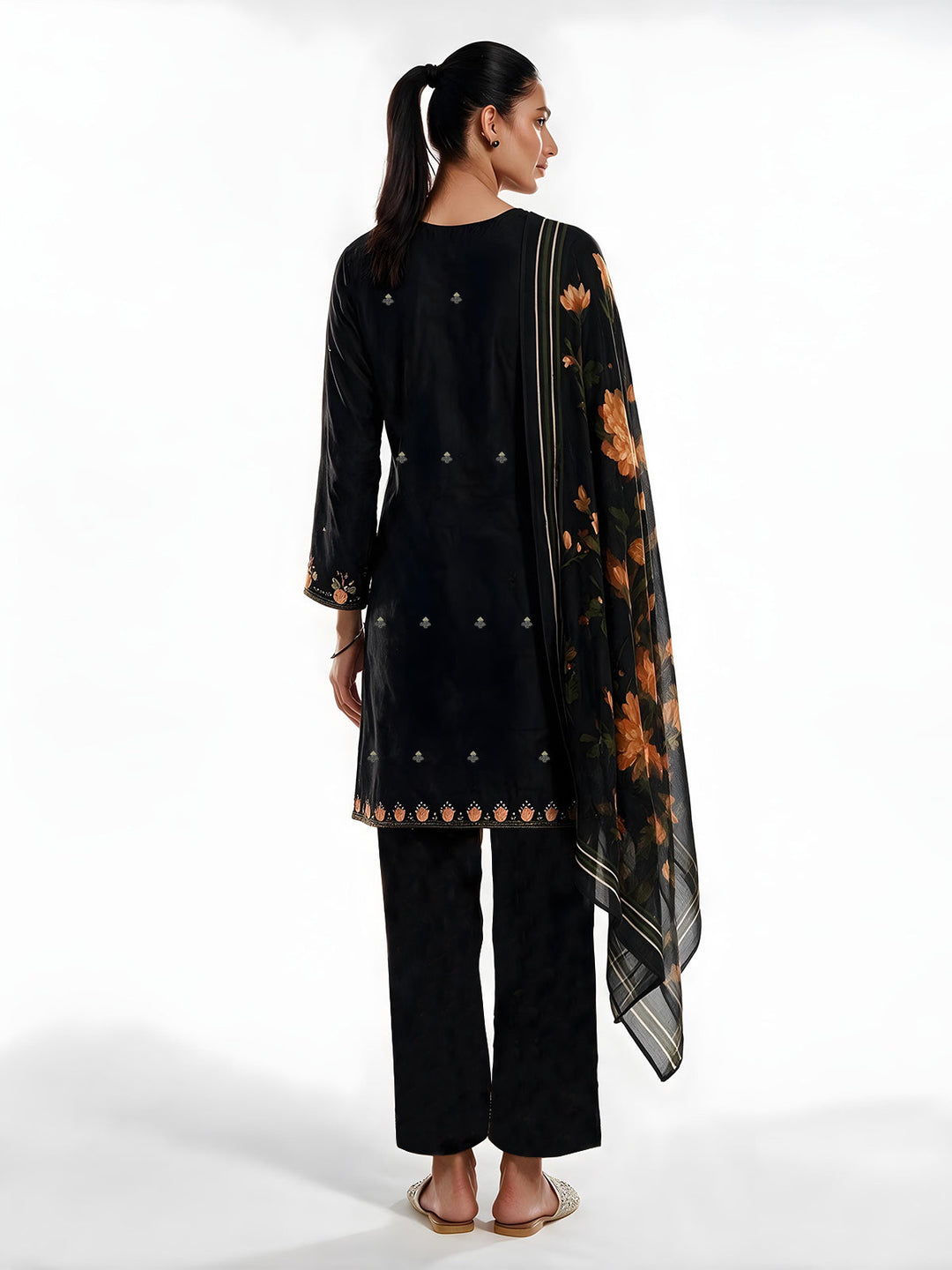 Oaks Embroidered Cotton Silk Suit Black 3 Piece