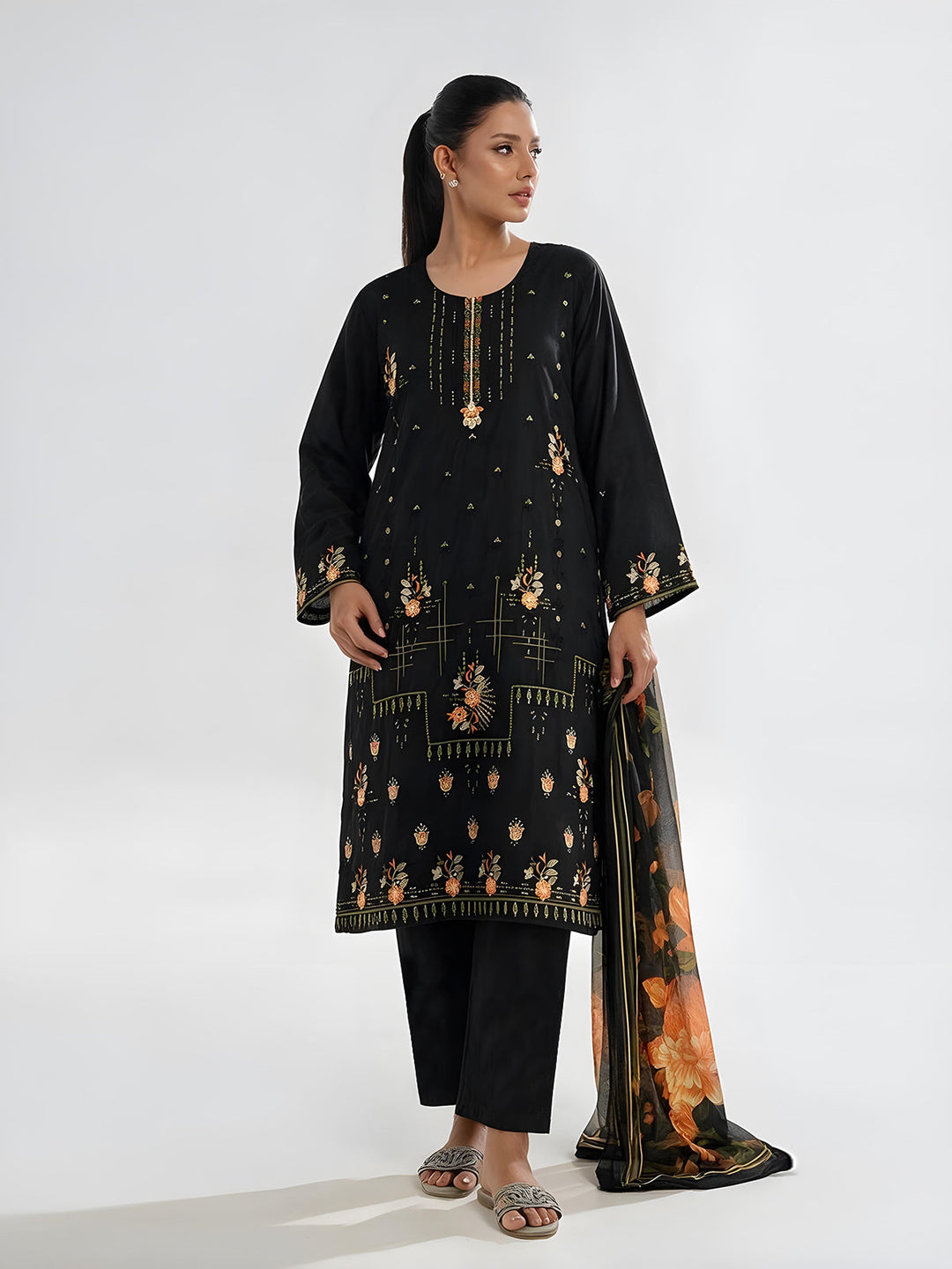 Oaks Embroidered Cotton Silk Suit Black 3 Piece