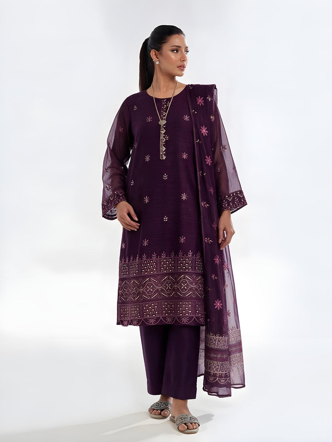 Oaks Embroidered Organza Net Slub Suit Purple 3 Piece