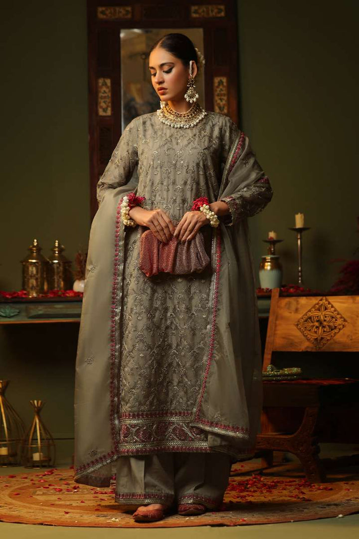 Oaks - Embroidered Pret Suit Organza Brown  - 3 Piece