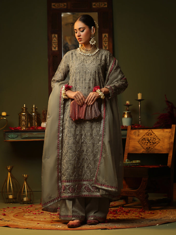 Oaks - Embroidered Pret Suit Organza Brown  - 3 Piece