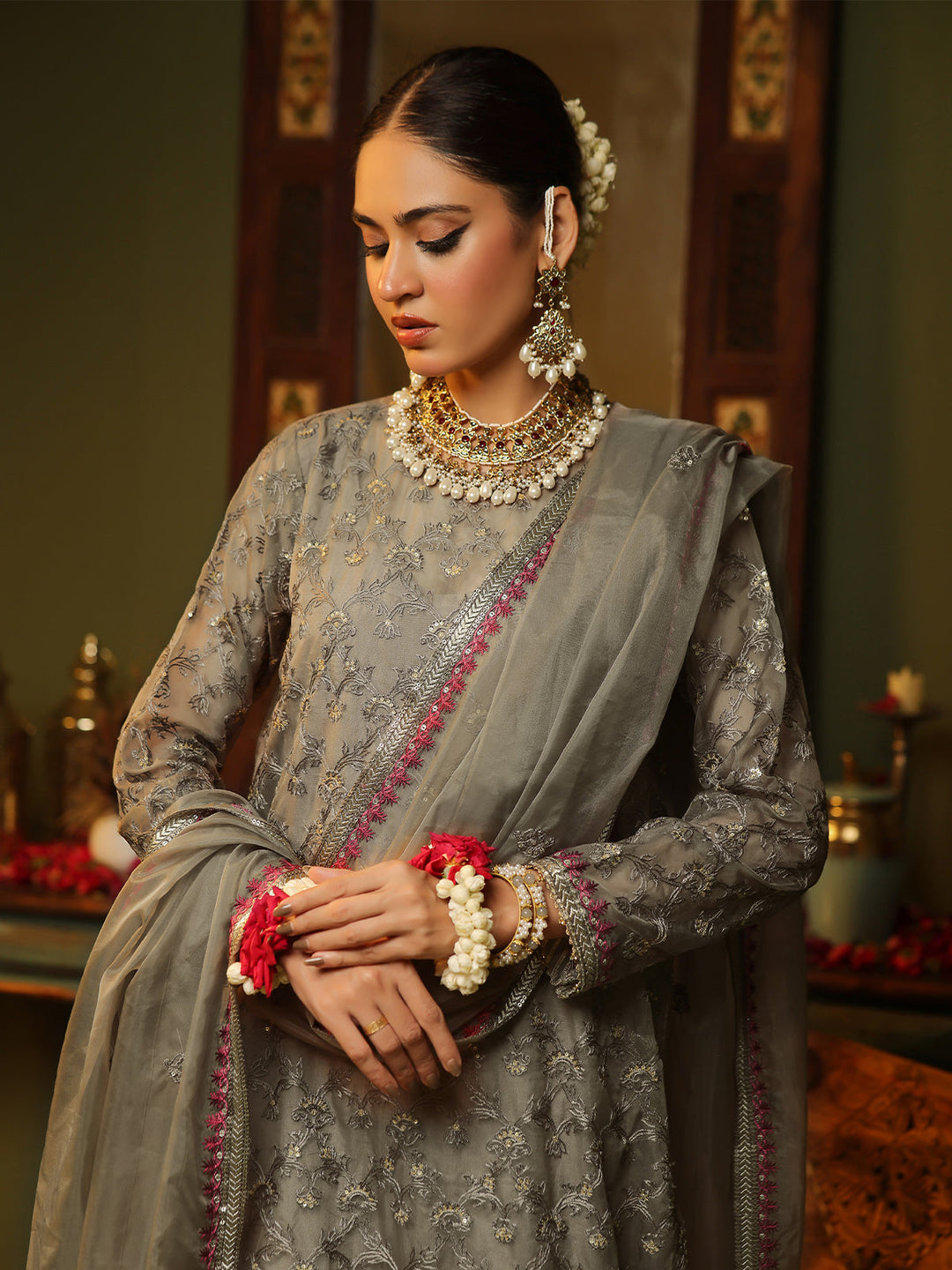 Oaks - Embroidered Pret Suit Organza Brown  - 3 Piece