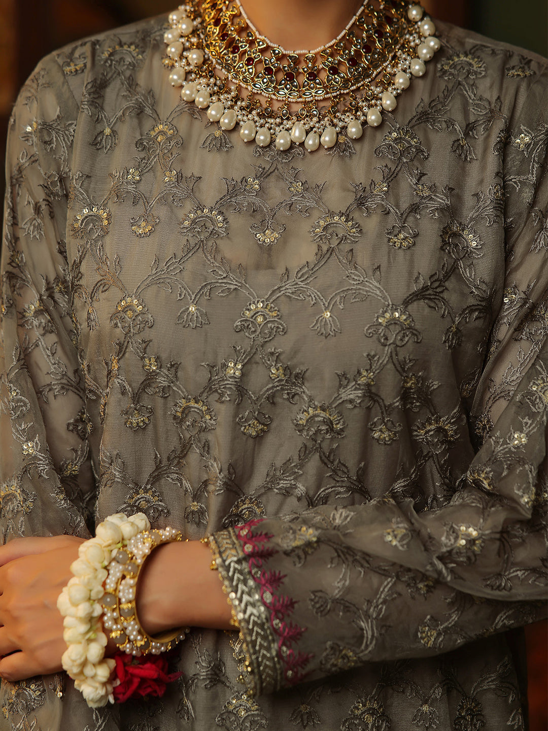 Oaks - Embroidered Pret Suit Organza Brown  - 3 Piece