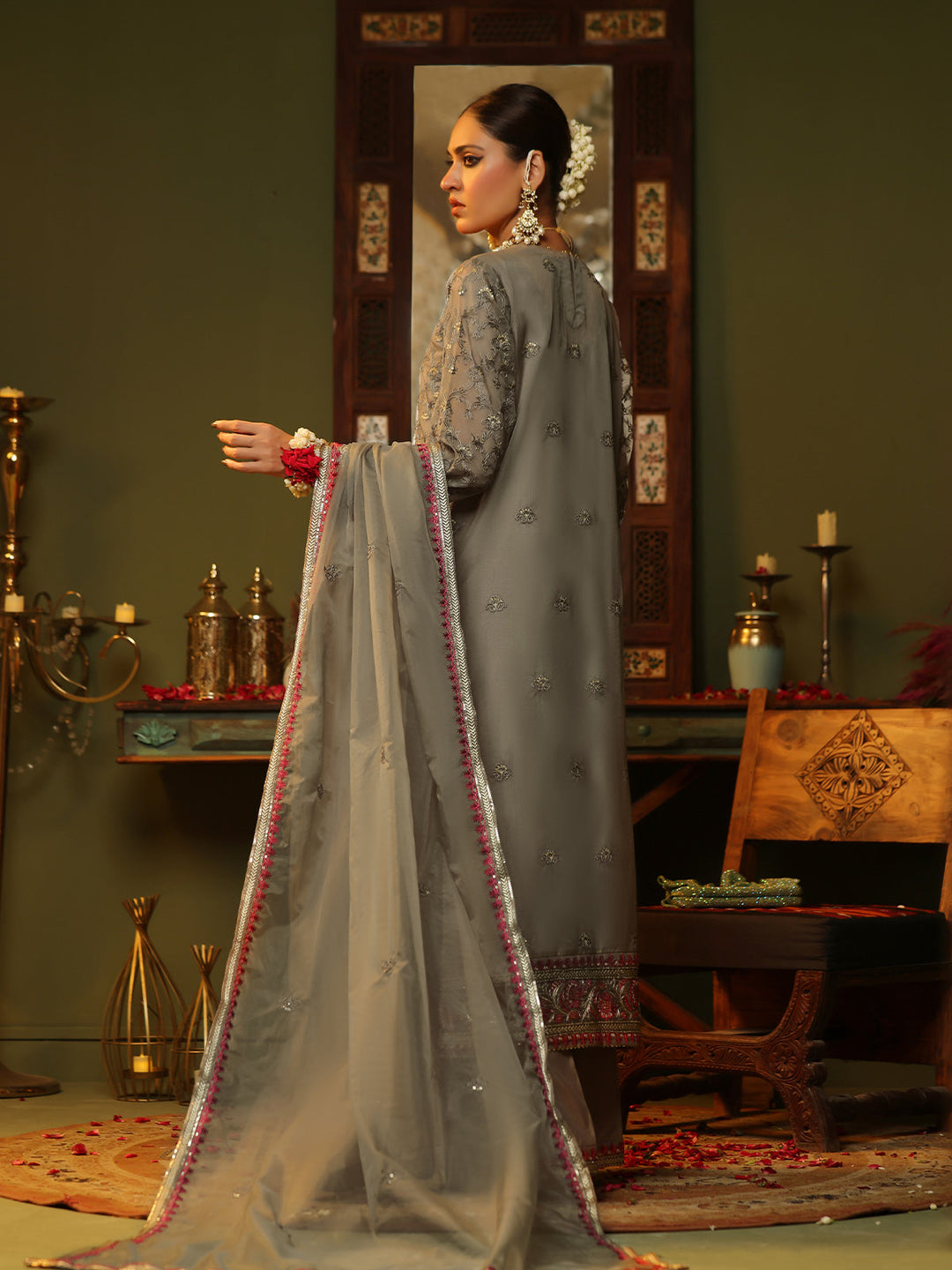 Oaks - Embroidered Pret Suit Organza Brown  - 3 Piece