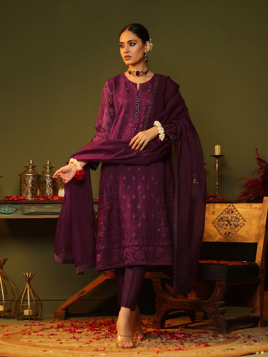 Oaks - Embroidered Pret Suit Organza Magenta  - 3 Piece