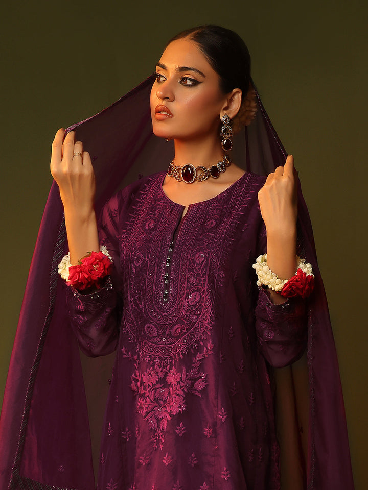 Oaks - Embroidered Pret Suit Organza Magenta  - 3 Piece