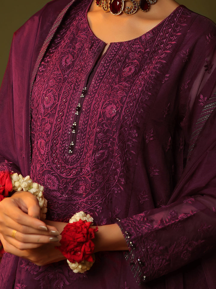Oaks - Embroidered Pret Suit Organza Magenta  - 3 Piece