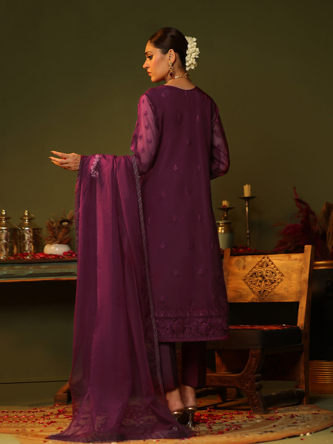 Oaks - Embroidered Pret Suit Organza Magenta  - 3 Piece