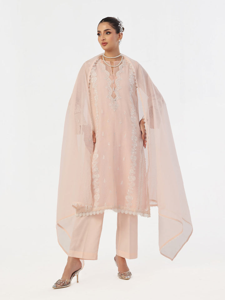 Oaks - Embroidered Pret Suit Net Baby pink  - 3 Piece