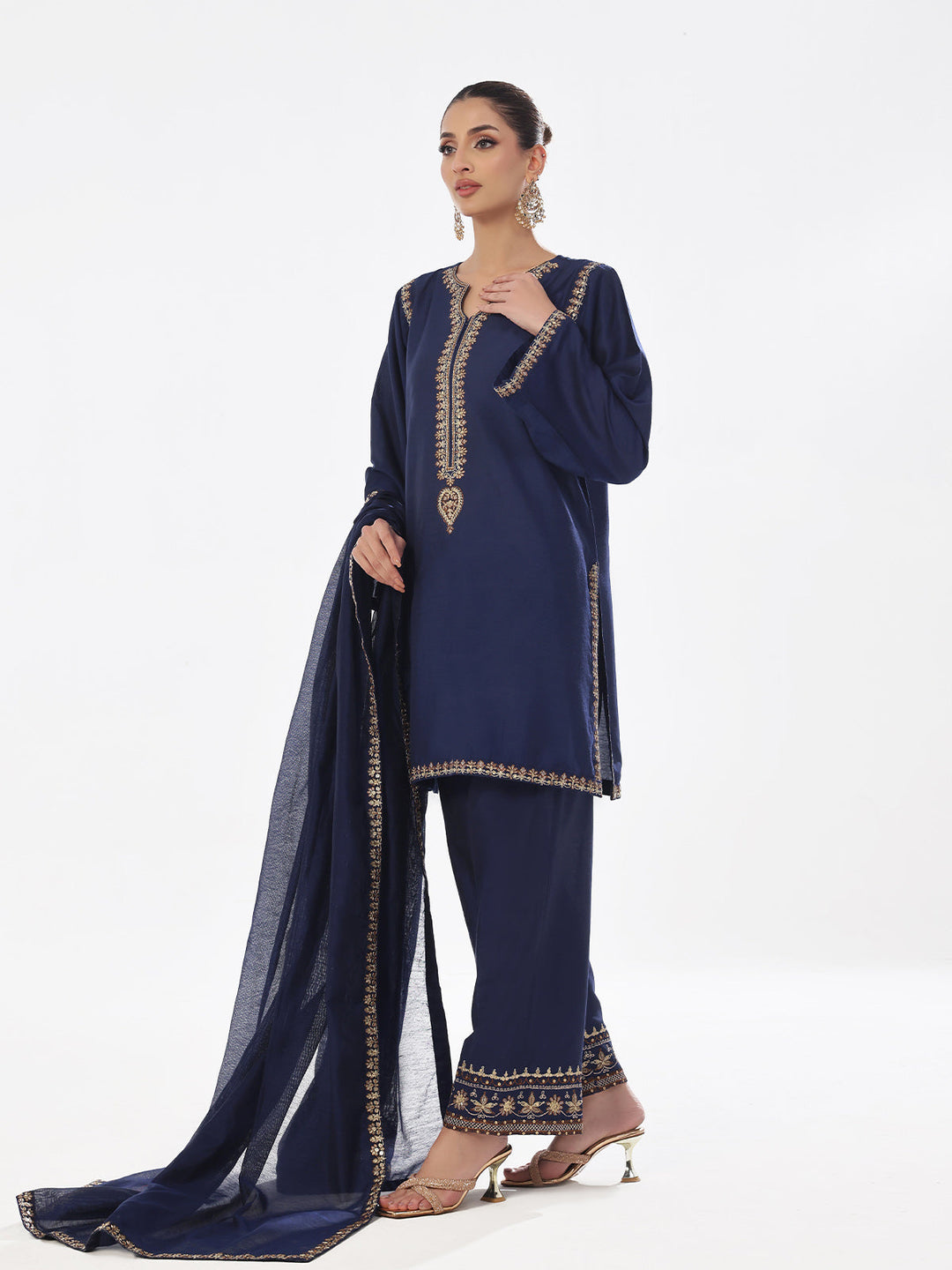 Oaks - Embroidered Pret Suit Cotton Silk Navy Blue  - 3 Piece