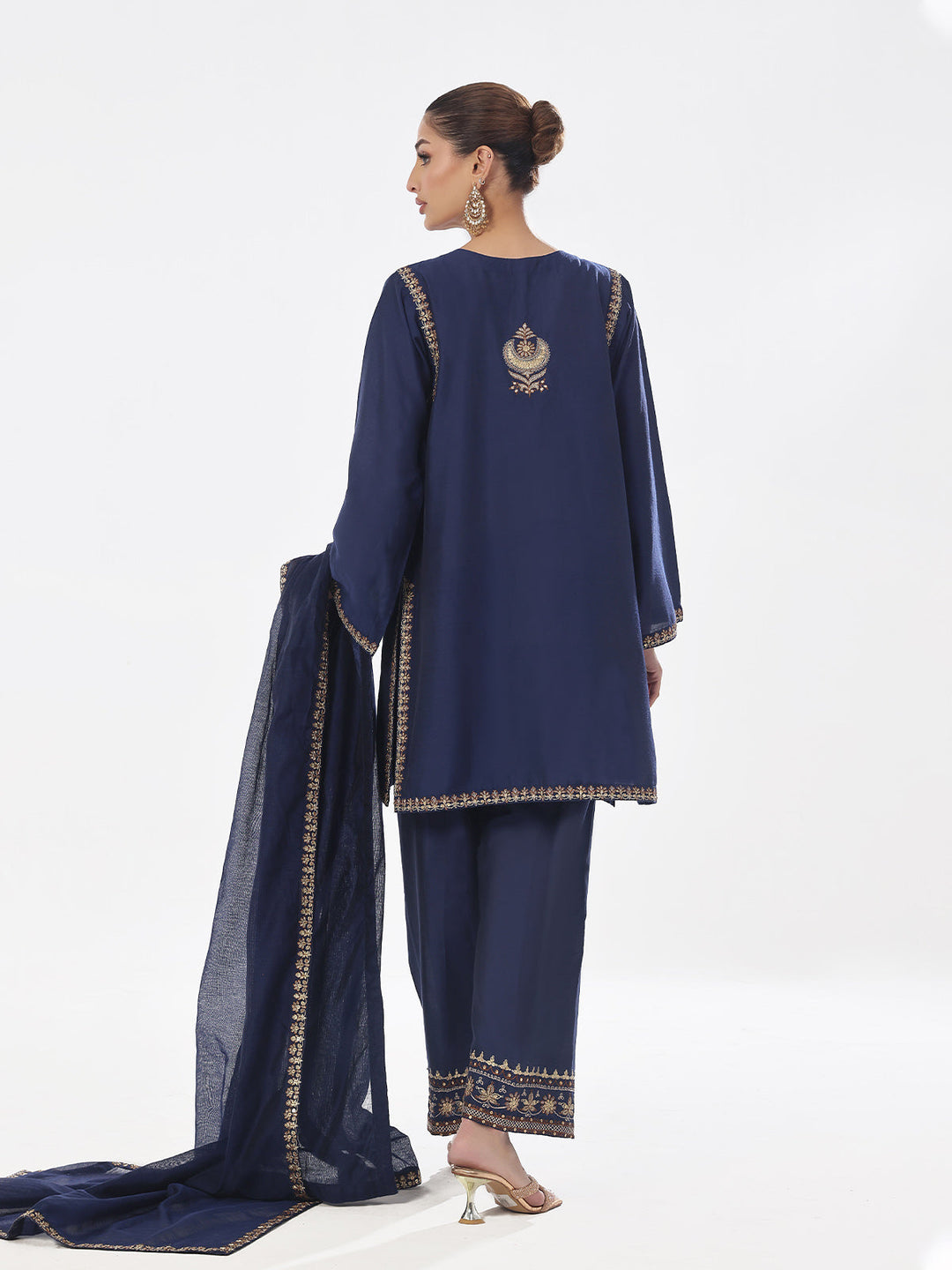 Oaks - Embroidered Pret Suit Cotton Silk Navy Blue  - 3 Piece