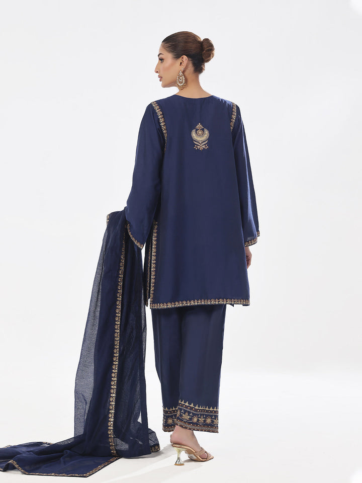 Oaks - Embroidered Pret Suit Cotton Silk Navy Blue  - 3 Piece