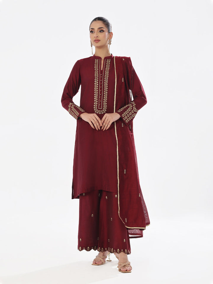 Oaks - Embroidered Pret Suit Cotton Silk Maroon  - 3 Piece