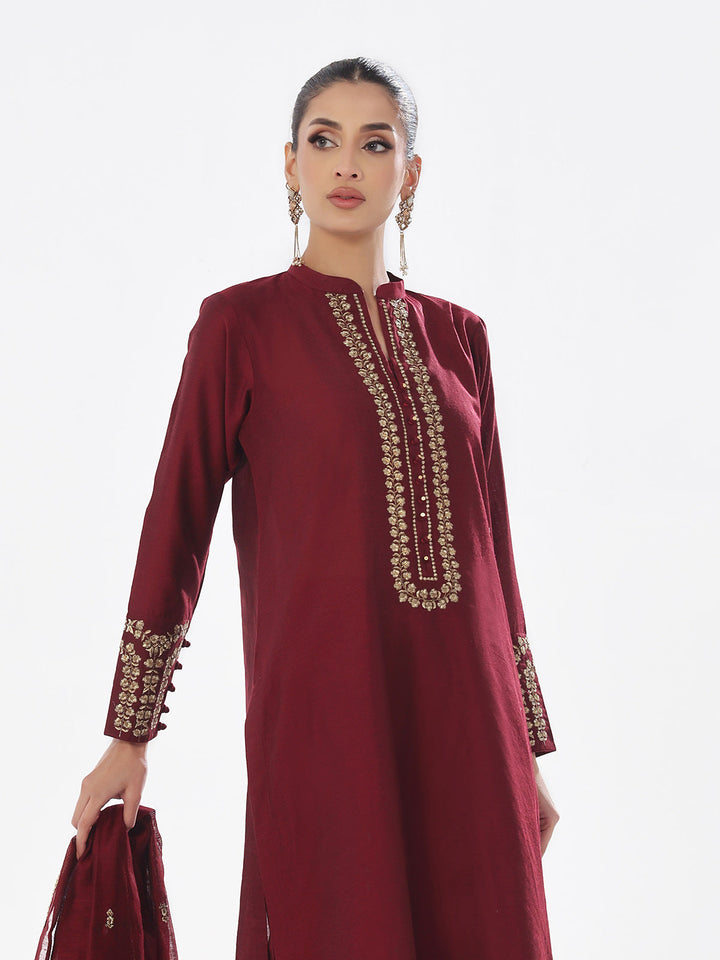 Oaks - Embroidered Pret Suit Cotton Silk Maroon  - 3 Piece