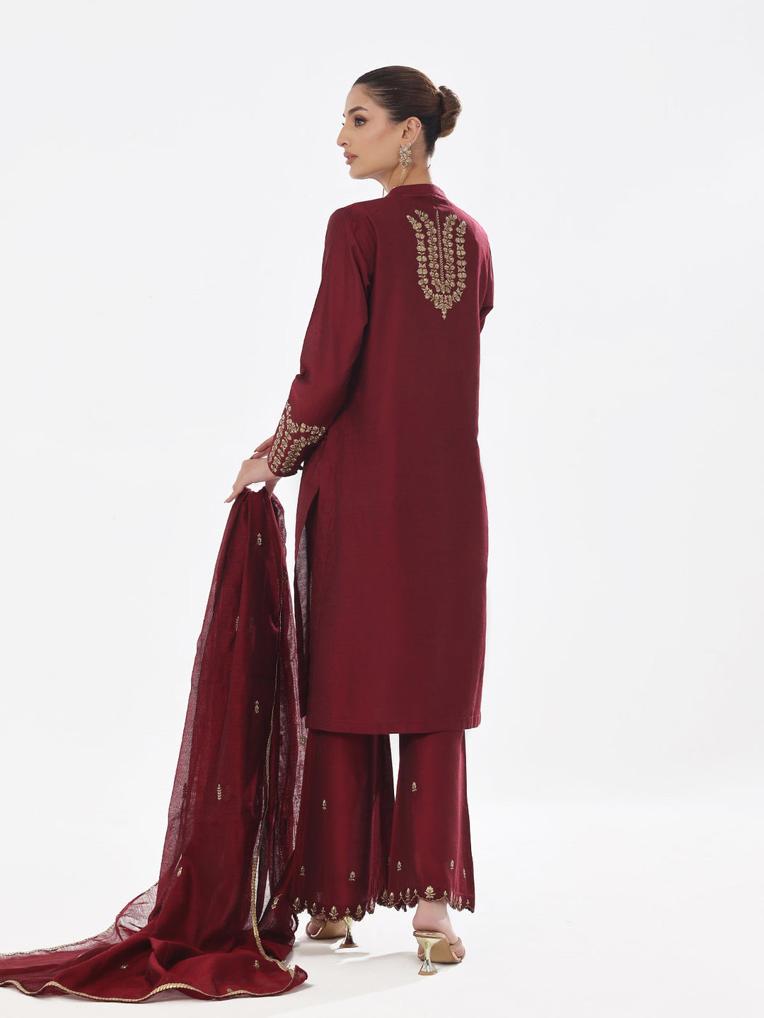 Oaks - Embroidered Pret Suit Cotton Silk Maroon  - 3 Piece